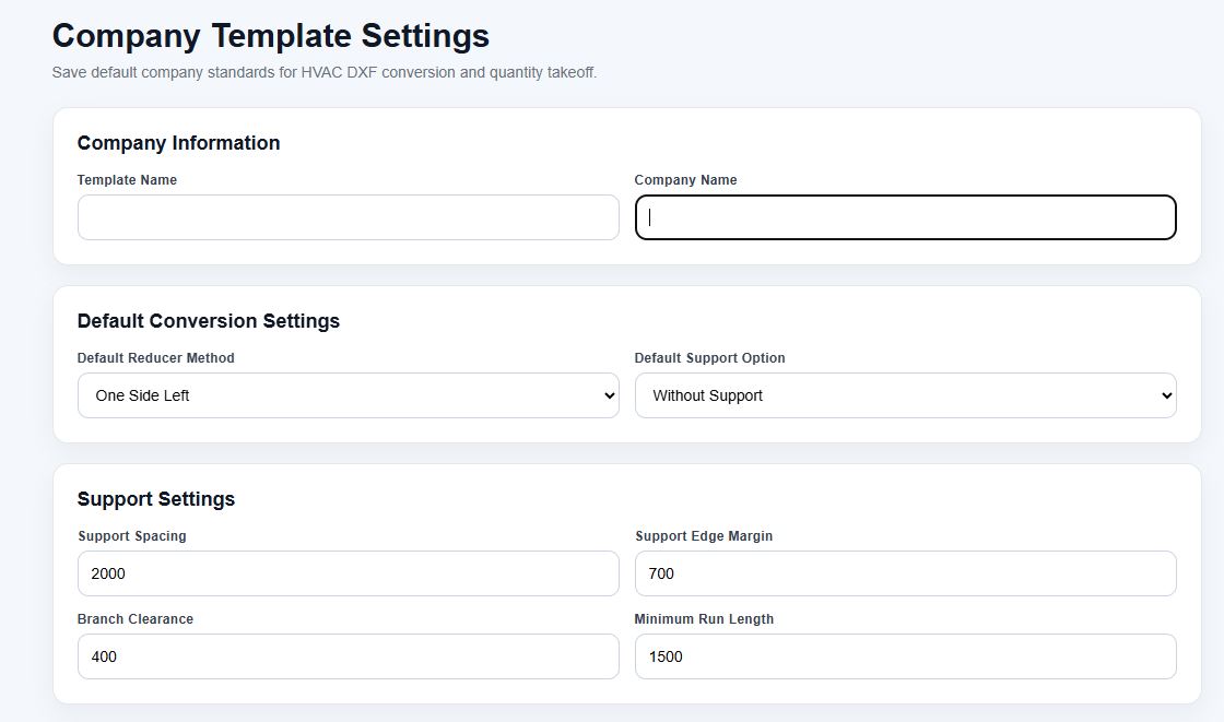 Company Template Settings page showing company information, default conversion settings, support settings, and quantity takeoff settings